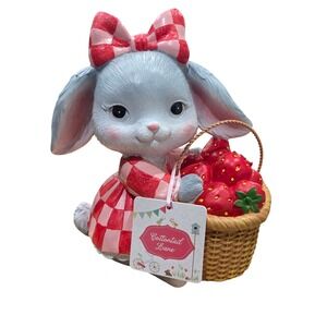 Cottontail Lane Bunny Rabbit Figurine with Strawberry Basket Whimsical Easter